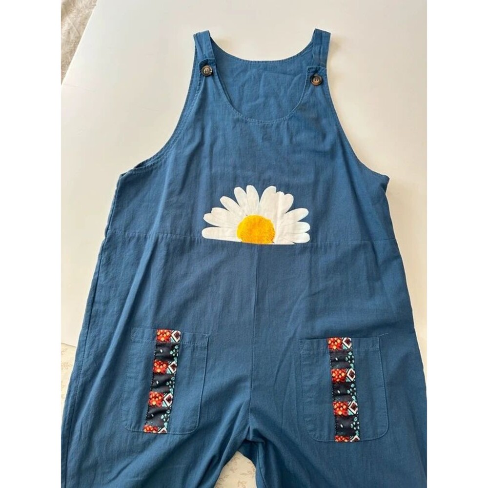 Casual Boho Daisy Cotton-Linen Blend Overalls Jumpsuit - Size XL